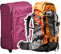 Aufzugebender Koffer, großer Rucksack 