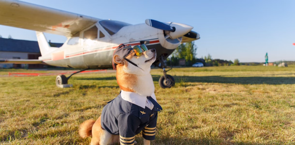 happy dog dressed as a pilot for dog friendly airline