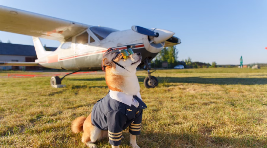 happy dog dressed as a pilot for dog friendly airline