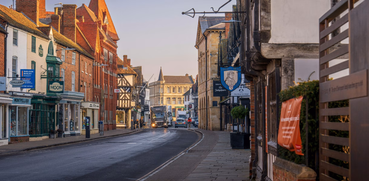a shot of some European roads and buildings