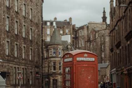 shot of some buildings and a phone booth in expensive Edinburgh