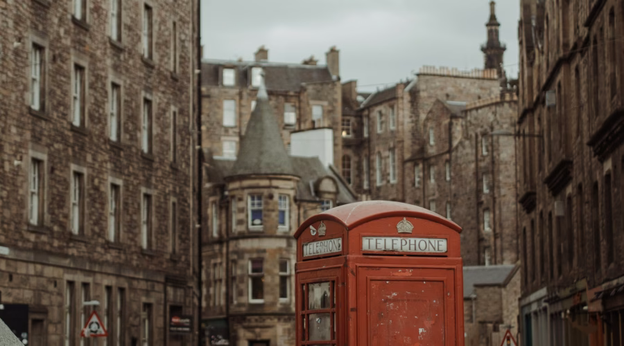 shot of some buildings and a phone booth in expensive Edinburgh