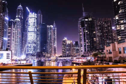 the city landscape on a river with buildings