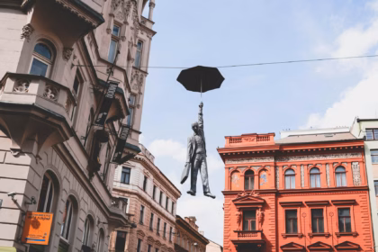 Unique statue in Prague, Czech Republic, illustrating the city's cultural charm.