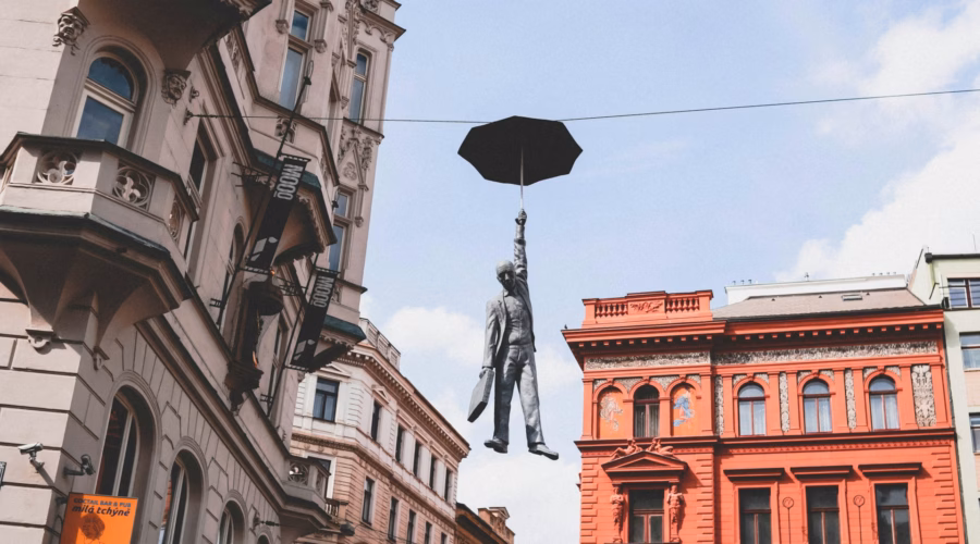 Unique statue in Prague, Czech Republic, illustrating the city's cultural charm.
