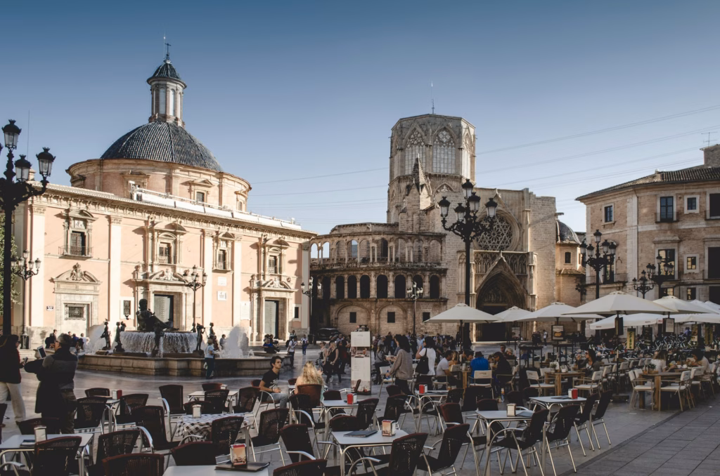 cafes with outdoor tables on the square in valencia