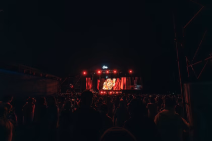 Crowd watching a concert on a stage at night.