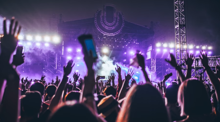 group of people raising there hands in concert