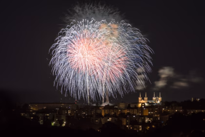 4th of July fireworks lighting up the night sky over a city skyline