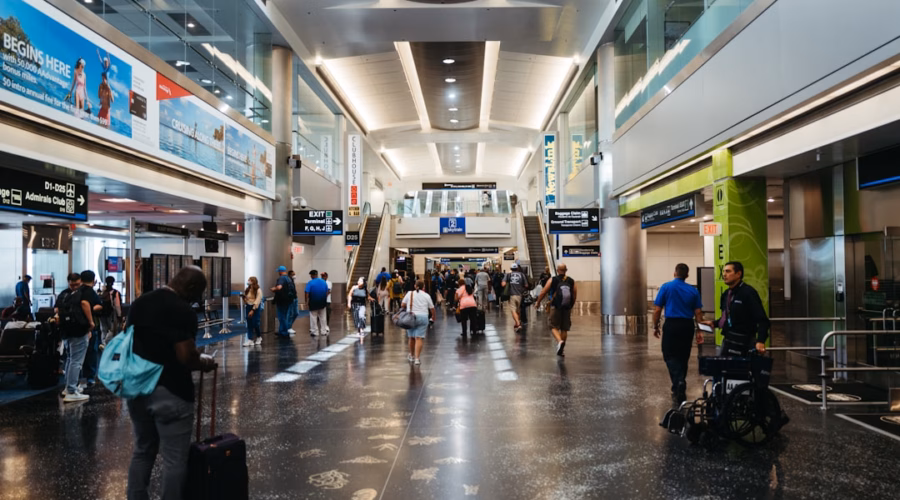 a group of people walking through an airport