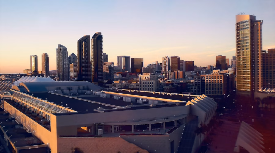 a view of a city with tall buildings
