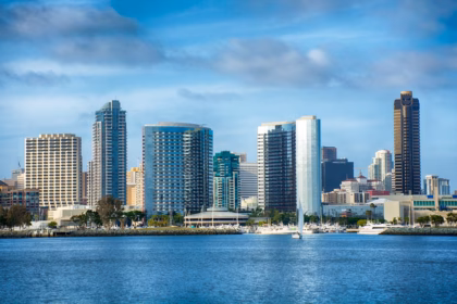 City skyline with boats on the water.