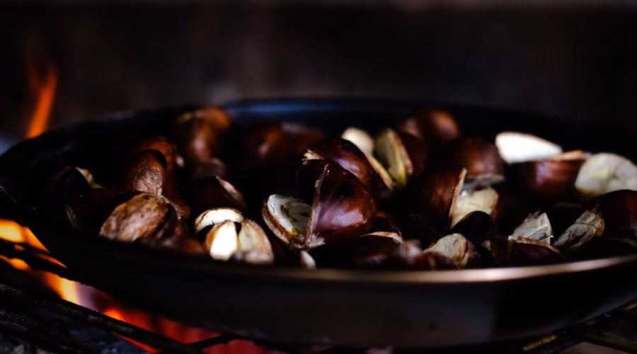 Castanhas assadas na fogueira durante o Magusto de São Martinho no Porto