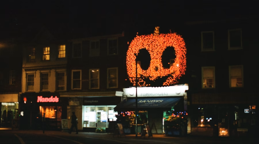 Illuminated jack-o'-lantern decoration for Salem Halloween 2026