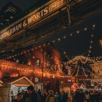 Crowds walking through a Christmas market in Toronto's Distillery District