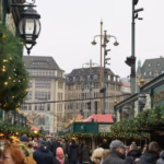 Crowds and festive lights at a Hamburg Christmas market