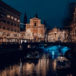 The Ljubljanica river in Ljubljana during the Christmas season