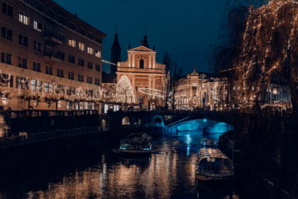 The Ljubljanica river in Ljubljana during the Christmas season